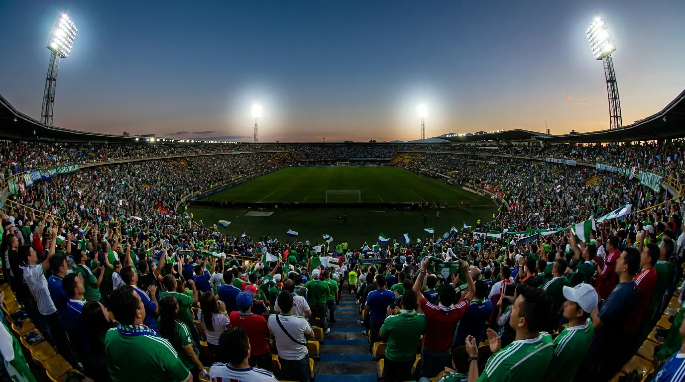 Stade de football colombien bondé de nuit, avec la tribune remplie de supporters et de drapeaux